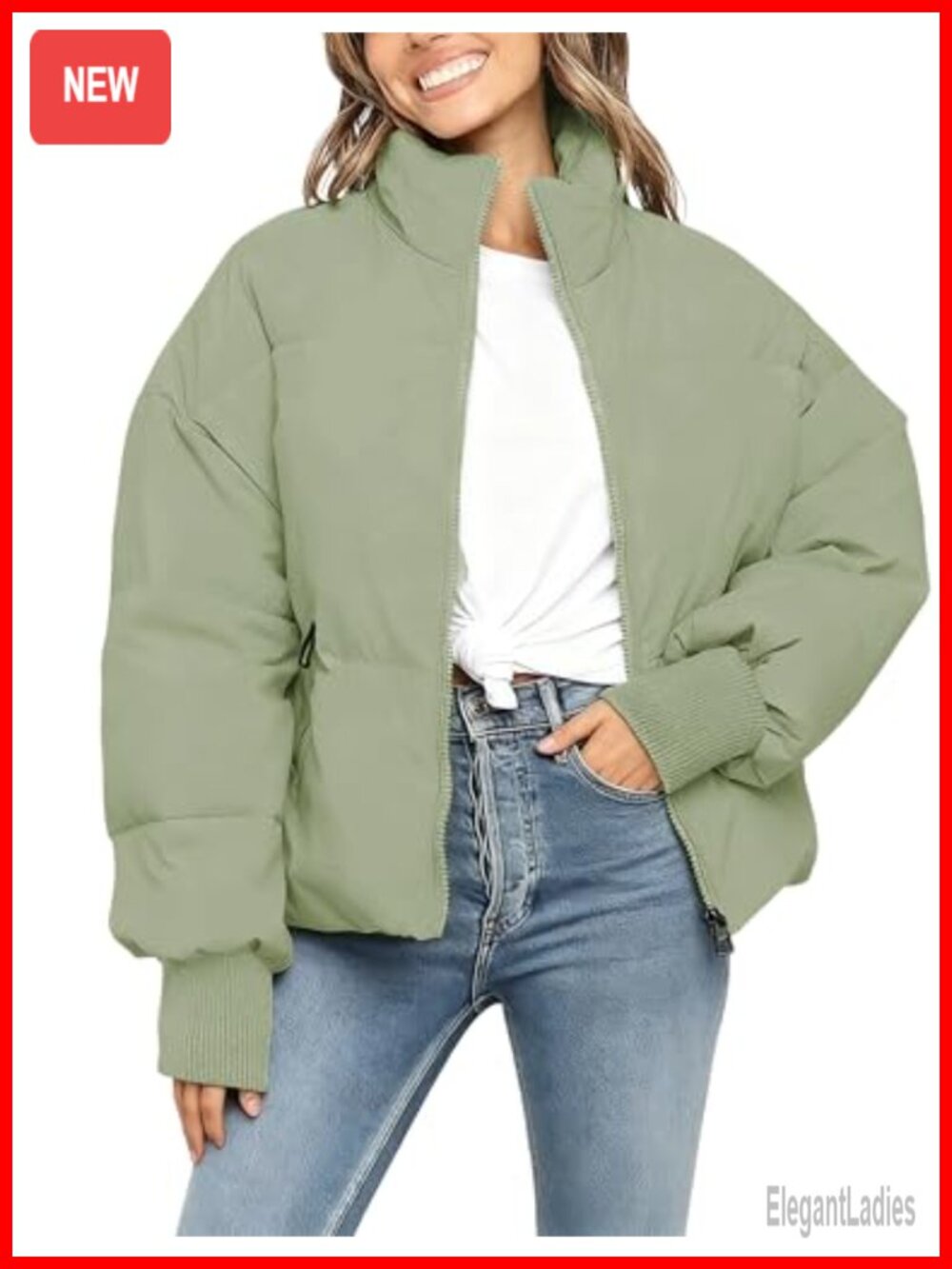 Oversized Cropped Puffer Jacket Quilted Zip Up Winter Coat